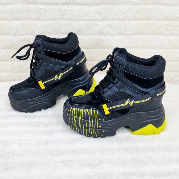 Anthony Wang Dated Black Yellow Hidden Wedge Platform Sneakers Rib Tread Design - Picture 2 of 11